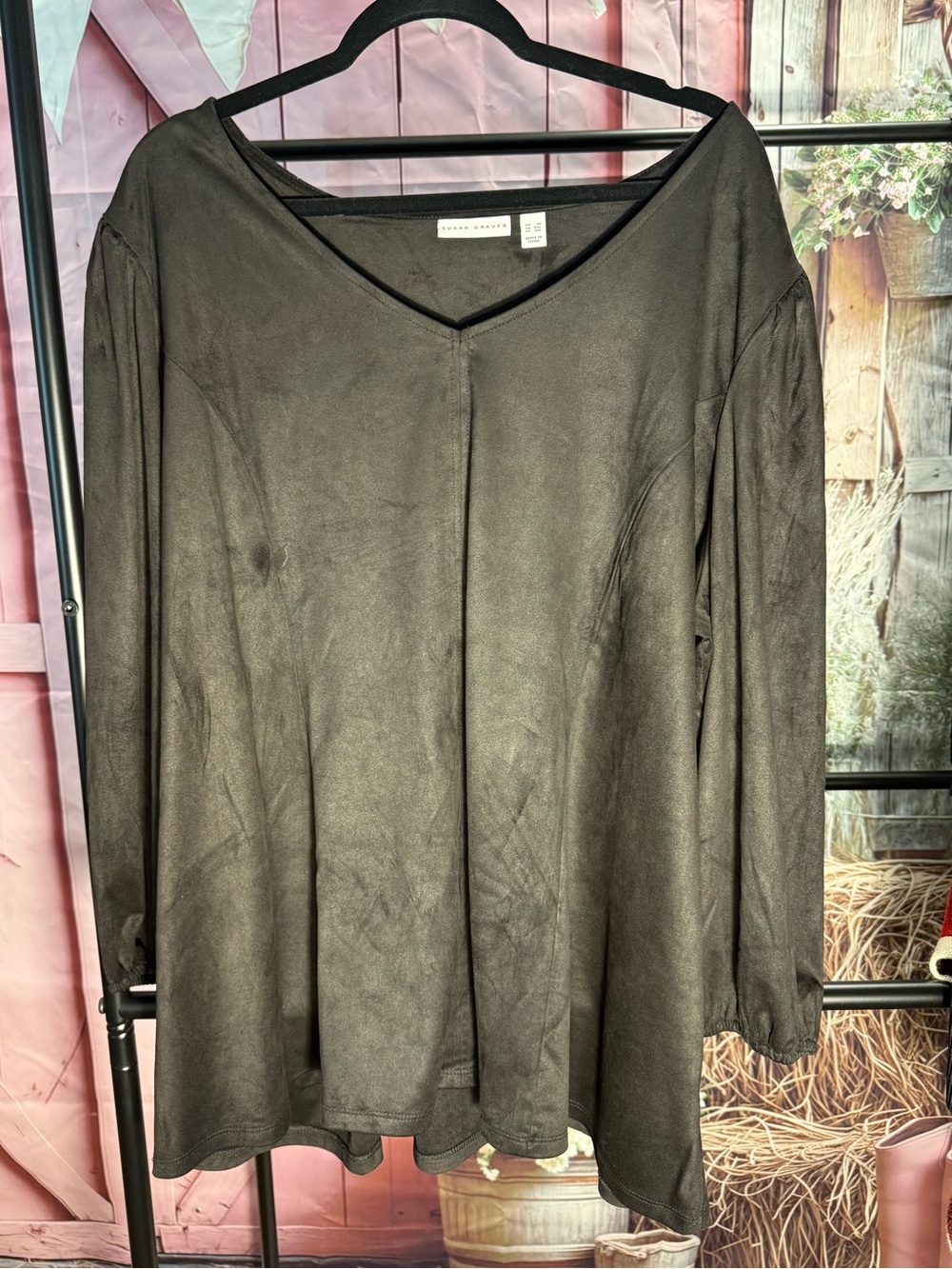 Susan Graver Black Faux Suede V-Neck Long Sleeve Tunic Top Size 3X